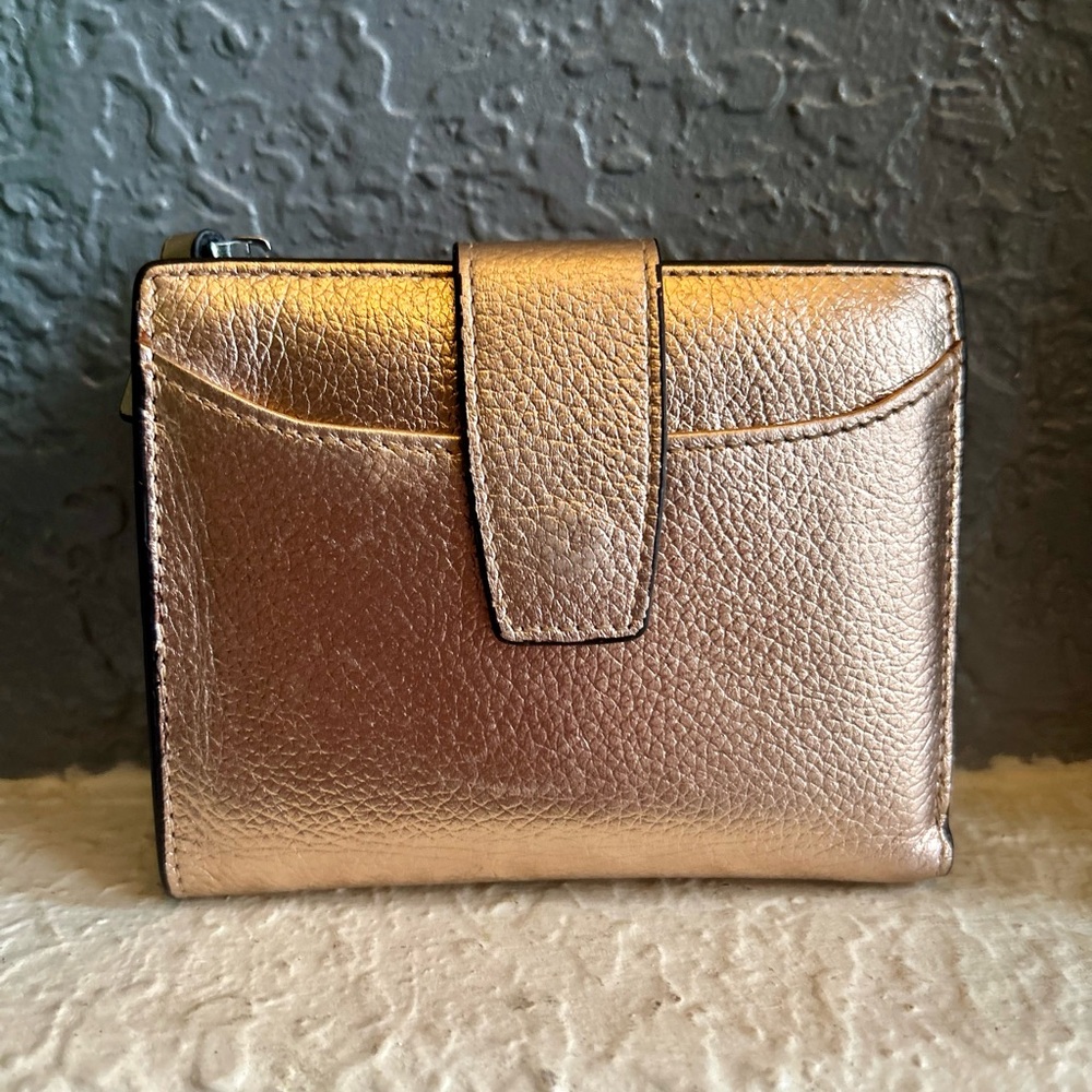 Rose Gold Champaign Genuine Leather Compact Wallet Bi-Fold Shimmery